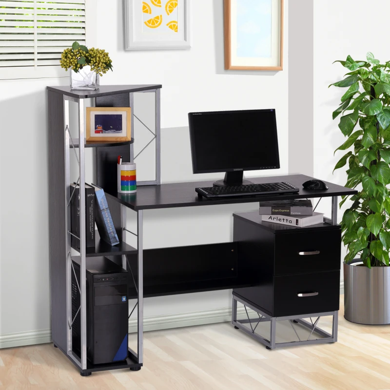 HOMCOM Escritorio con Estantería Librería Mesa de Ordenador PC con Superficie de 110 cm 2 Cajones y Múltiples Estantes para Oficina Estudio Despacho 133x55x123 cm Negro