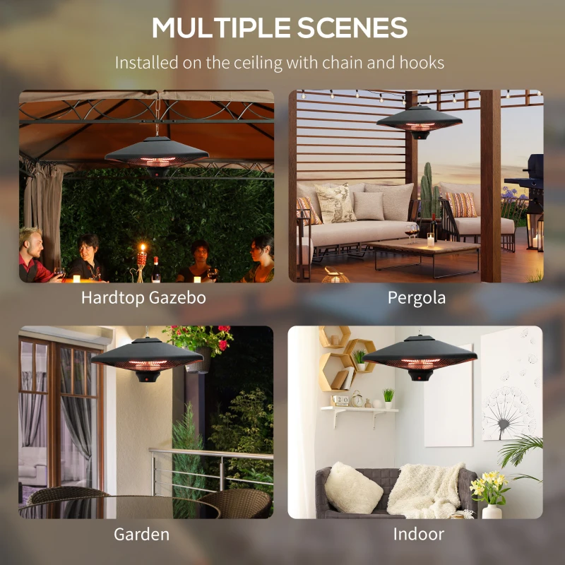 Outsunny Hanging Patio Heater 2000W Waterproof 2 Power Settings LED Light Remote Control Outdoor Black