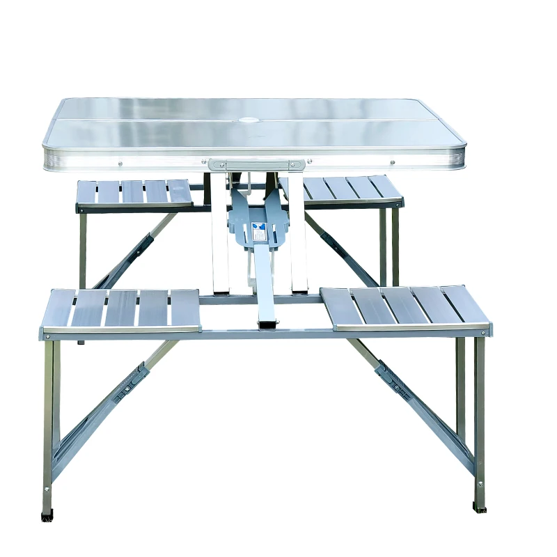 Outsunny Mesa Maleta de Camping Plegable Portátil con 4 Asientos y Agujero para Sombrilla Estructura de Aluminio para Playa Picnic 136x85,5x66 cm Plata