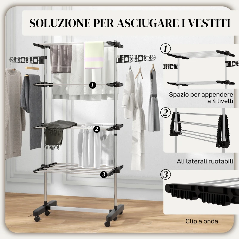 HOMCOM Stendino Verticale con 4 Ripiani Regolabili, in Acciaio e Plastica, 142x55x172 cm, Nero e Argento