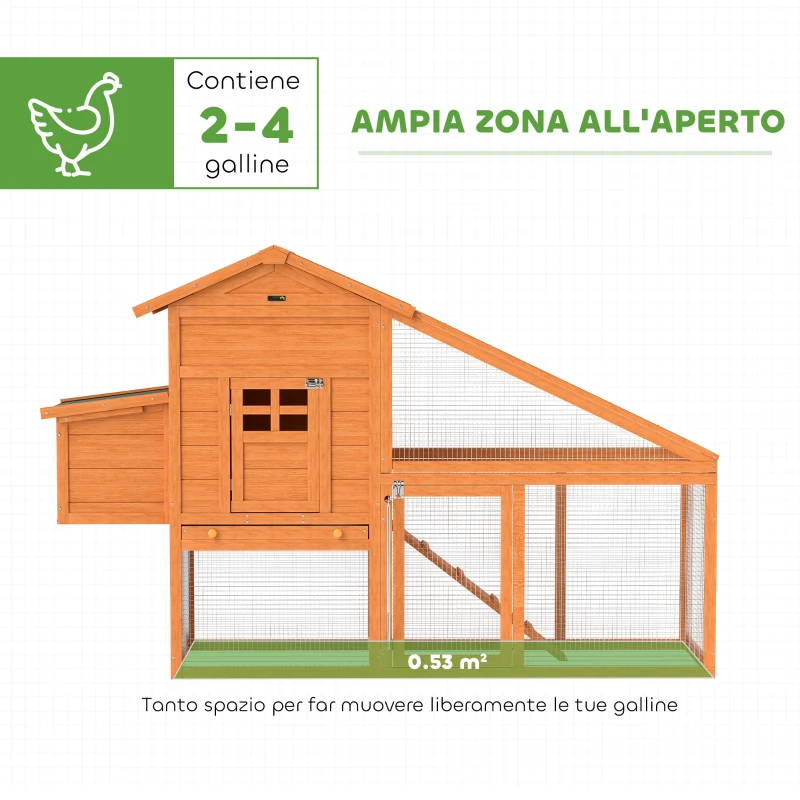 PawHut Pollaio da Giardino per 1-2 Galline con Area per Cova, Casetta e Spazio Aperto, in Legno e Metallo, 179x67x115 cm