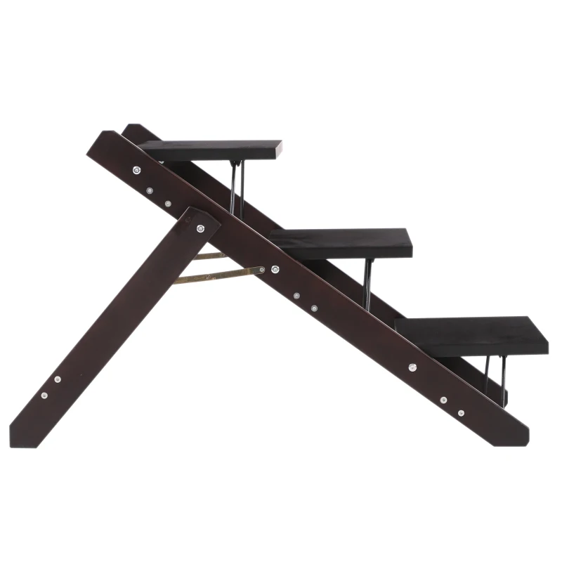 PawHut Escalier pour chien animaux pliable rampe 3 marches dim. 79L x 42l x 48H cm bois pin revêtement marches velours chocolat