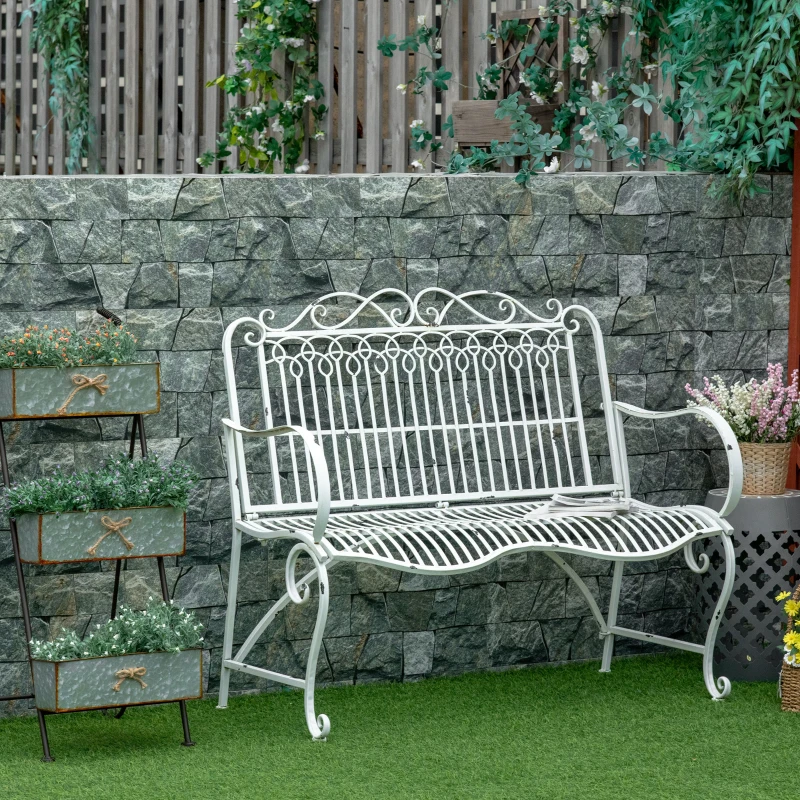Outsunny Banco de Jardín de 2 Plazas 110x60x97 cm Banco de Exterior de Metal con Respaldo Decorativo y Reposabrazos para Terraza Balcón Patio Carga 200 kg Blanco