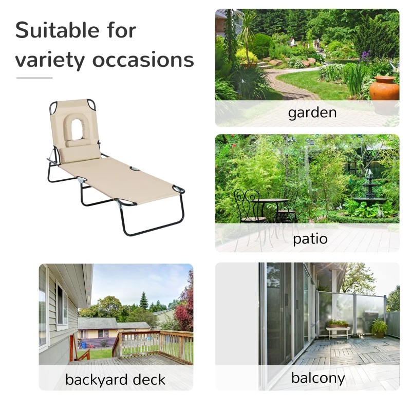 Outsunny Outdoor Folding Sun Lounger with Face Hole, 4 Level Adjustable Backrest Reclining Garden Lounger, Garden Recliner Sunbed with 600 D Oxford Cloth Seat and Pillow for Beach, Beige