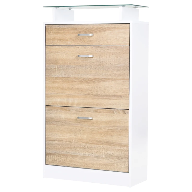 HOMCOM Armoire à Chaussures Meuble rangement Chaussures 2 Portes abattantes 2 Compartiments, tiroir, Plateau en Verre - Bois chêne Blanc