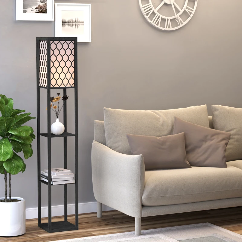 HOMCOM Lampadaire étagère Lampe étagère 26L x 26l x 160H cm 4 Niveaux MDF Noir Motif nid d'abeille