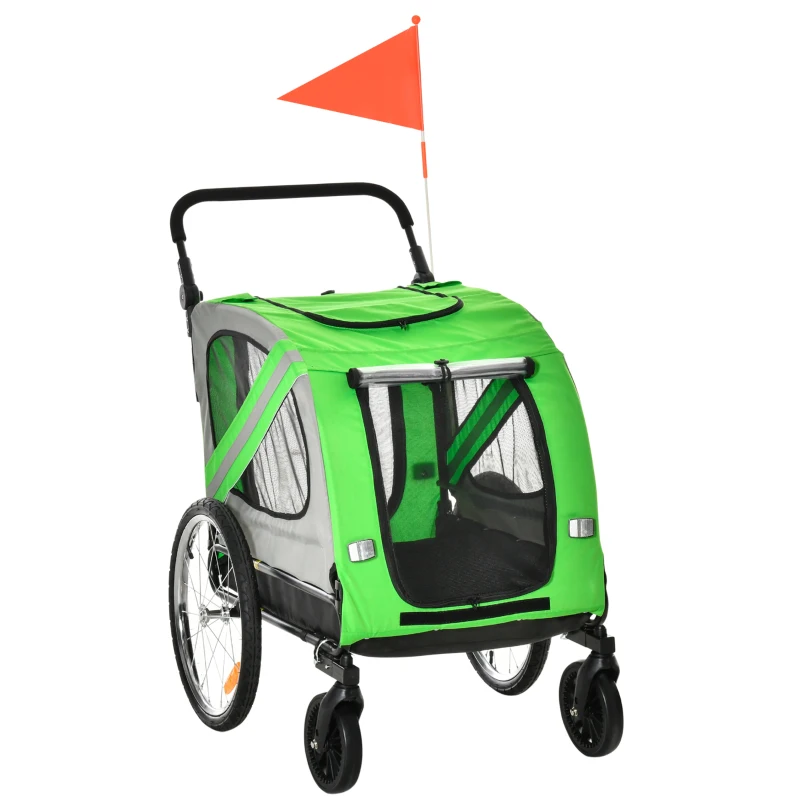 PawHut Remolque de Bicicleta para Perros 2 en 1 con Puertas Enrollables Cinturón de Seguridad Carga 30 kg 140x72,5x108 cm Verde