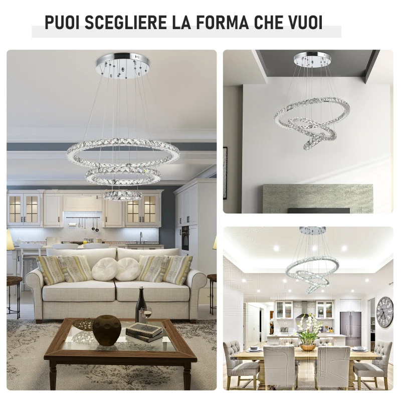 HOMCOM Lampadario a Sospensione con 3 Anelli Regolabili, Luci a LED e Cristalli, Ø60 x 110cm
