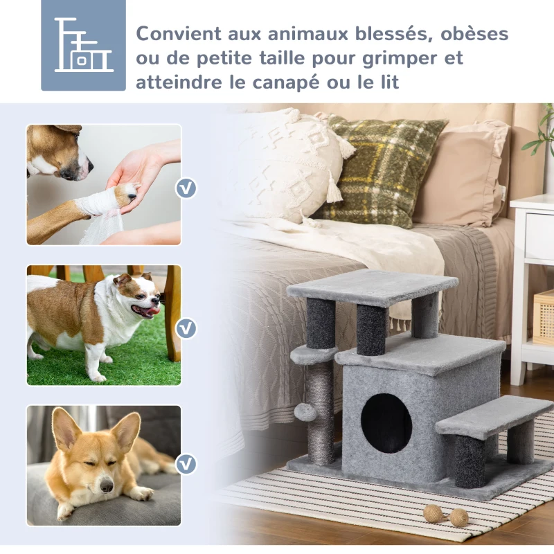 PawHut Escalier pour chat arbre à chat hauteur ajustable 3 ou 4 marches avec niche balle suspendue - 60 x 40 x 66 cm - gris