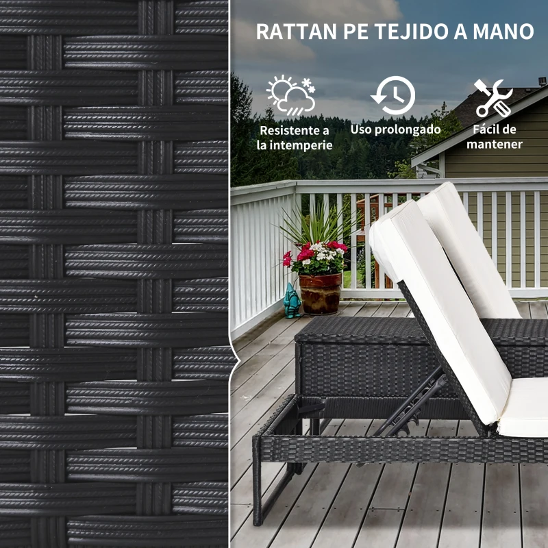 Outsunny Conjunto de 2 Tumbonas de Jardín con Cojines Acolchados Ratán con Mesa Auxiliar para Piscina o Terraza Carga 160 kg 195x60x86 cm Acero Negro