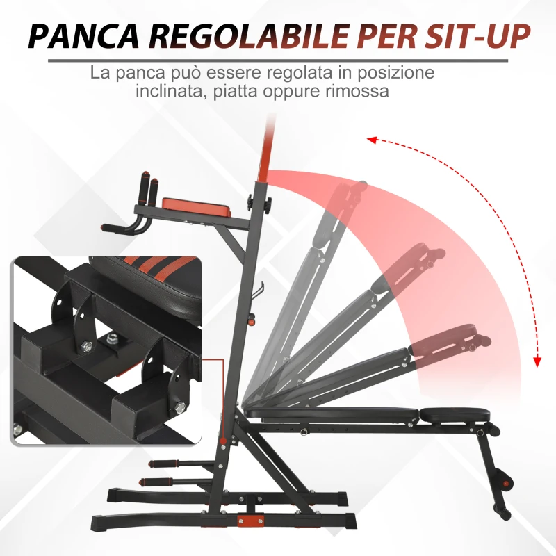 HOMCOM Power Tower Stazione per Allenamento Pieghevole e Multiuso con Barra Trazioni e Sedia Romana, 108x178x202-238cm