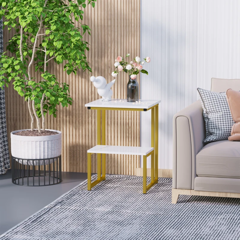 HOMCOM Side Table, Doule Layer End Table, Modern Coffee Table with Steel Frame and Adjustable Non-Slip Feet for Living room, Bedroom, White