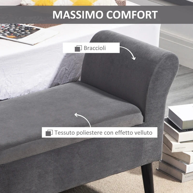 HOMCOM Panca Contenitore Imbottita per Camera in Tessuto Vellutato con Braccioli, 111.5x41x65cm - Grigio