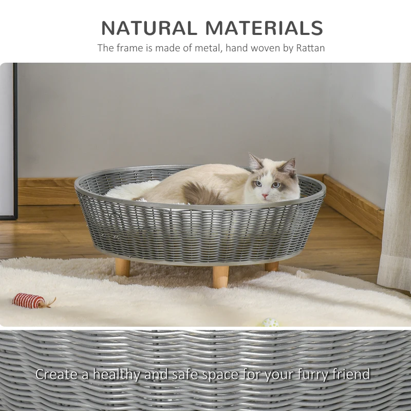 PawHut Wicker Dog Sofa PE Rattan Cat Bed Elevated Pet Bed Hand Woven with with Washable Soft Cushion Indoor Outdoor Use, for Small Medium Sized Dogs