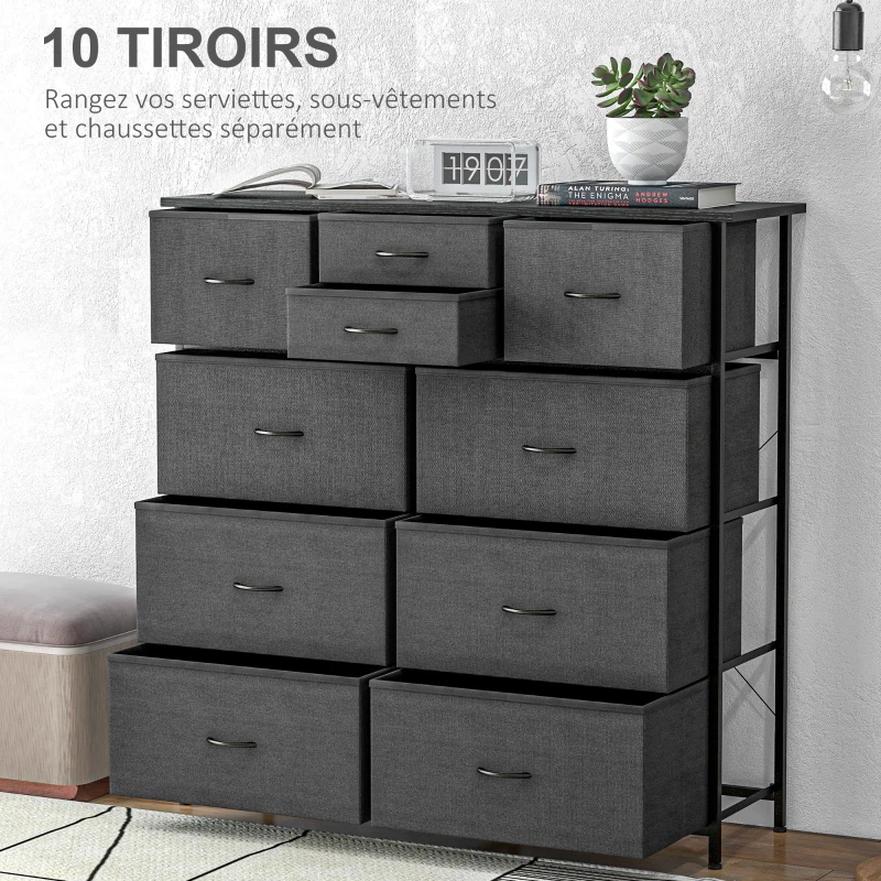 HOMCOM Commode meuble de rangement 10 tiroirs en tissu pliables et amovibles structure acier dim. 100L x 30l x 100H cm noir