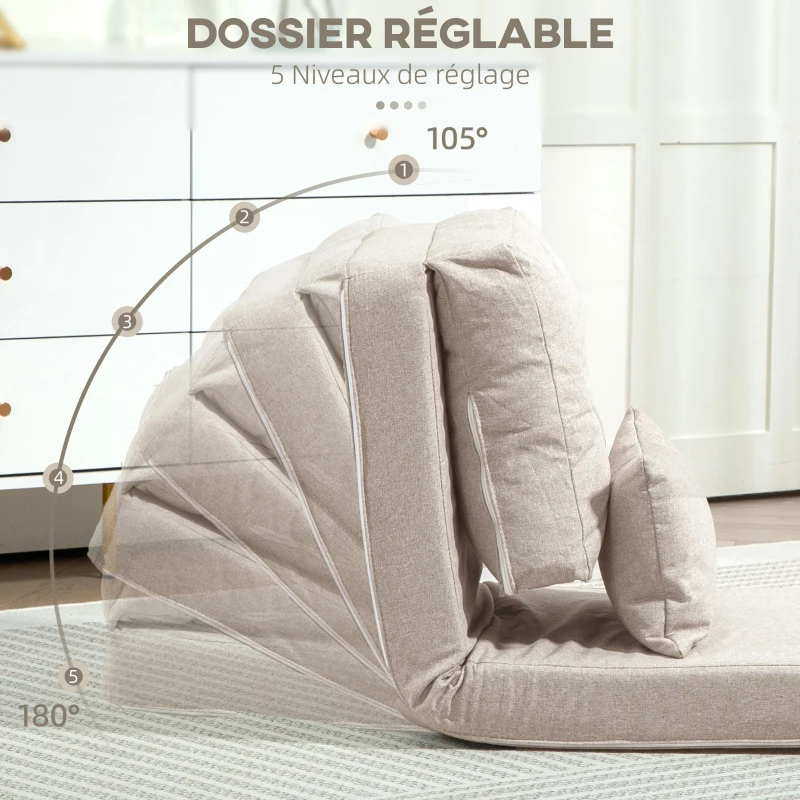 HOMCOM Chauffeuse canapé-lit convertible fauteuil 1 place avec 1 coussin avec dossier réglable, beige