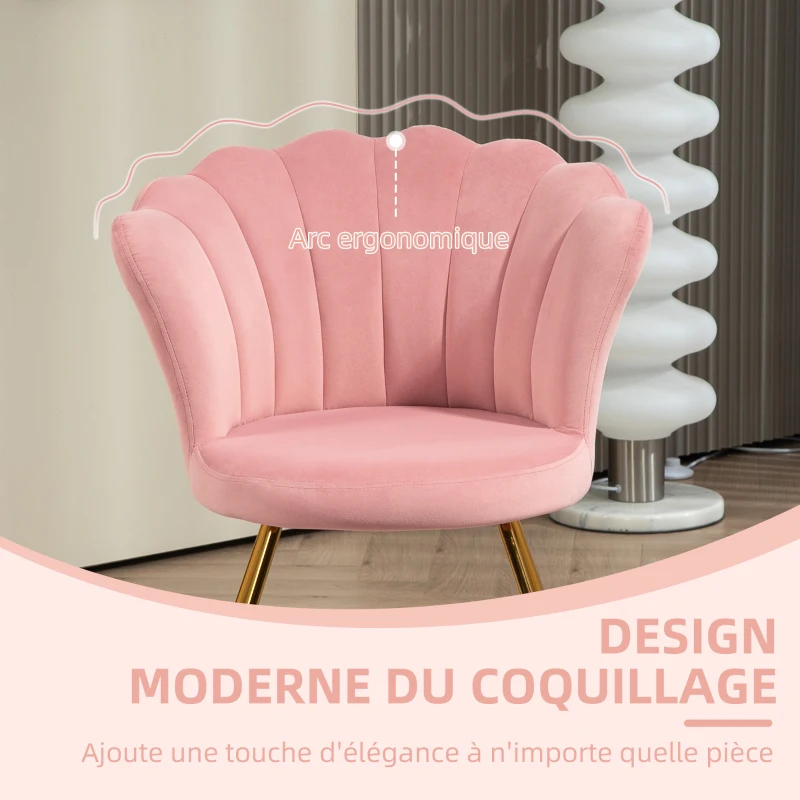 HOMCOM Fauteuil coquillage chaise coiffeuse fauteuil en velours fauteuil de salon avec pieds en acier 69 x 64 x 80 cm rose