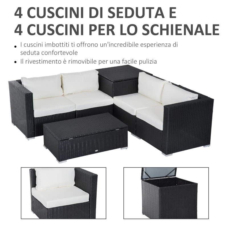 Outsunny Set da Giardino 6 Pezzi, 4 Poltrone con Cuscini e 2 Tavolini Contenitore in Rattan PE, Nero e Crema