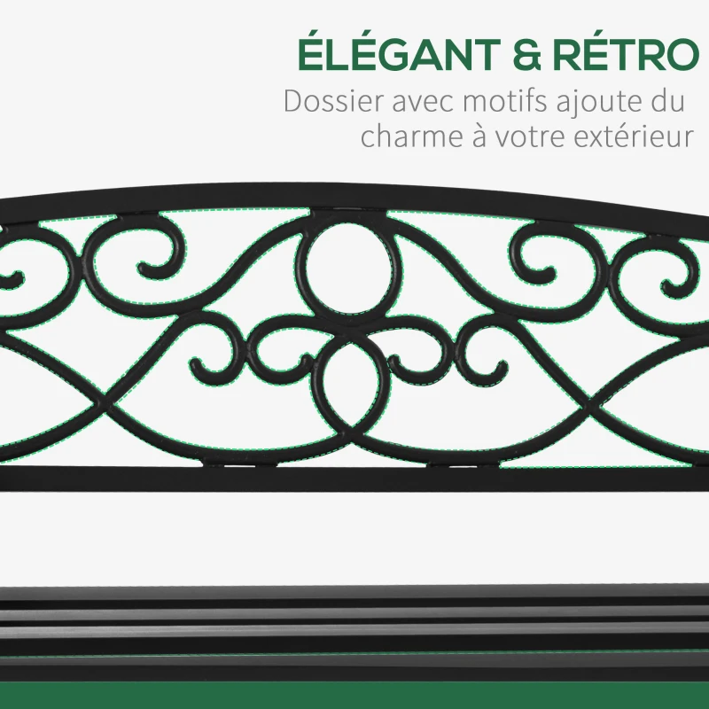 Outsunny Banc de jardin 2 places banquette extérieur terrasse patio dossier incliné assise à lattes accoudoirs confortables châssis acier fonte 128 x 58,5 x 85 cm noir