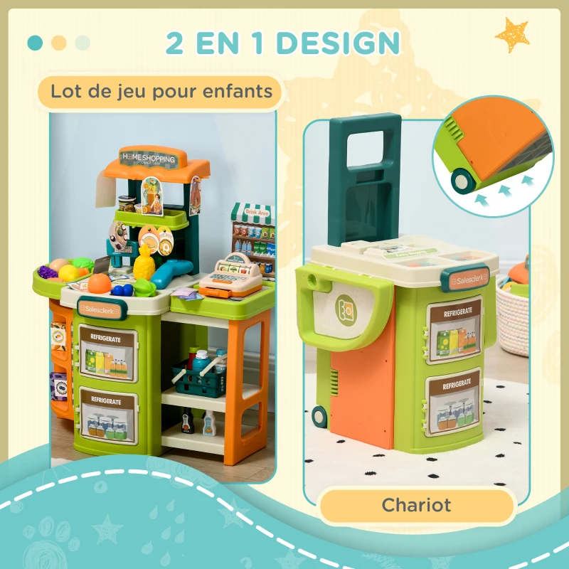AIYAPLAY Supermarché pour enfants avec caisse enregistreuse, chariot pliable et 58 accessoires, 3-6 ans