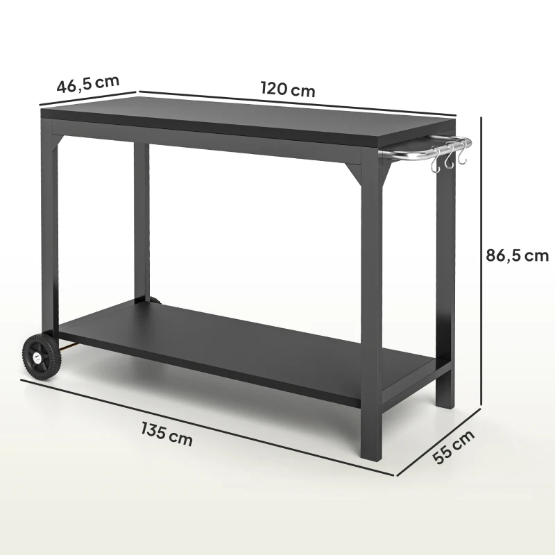 HOMCOM Desserte de jardin en acier chariot de service à roulettes avec plan de travail 135 x 55 x 86,5 cm noir