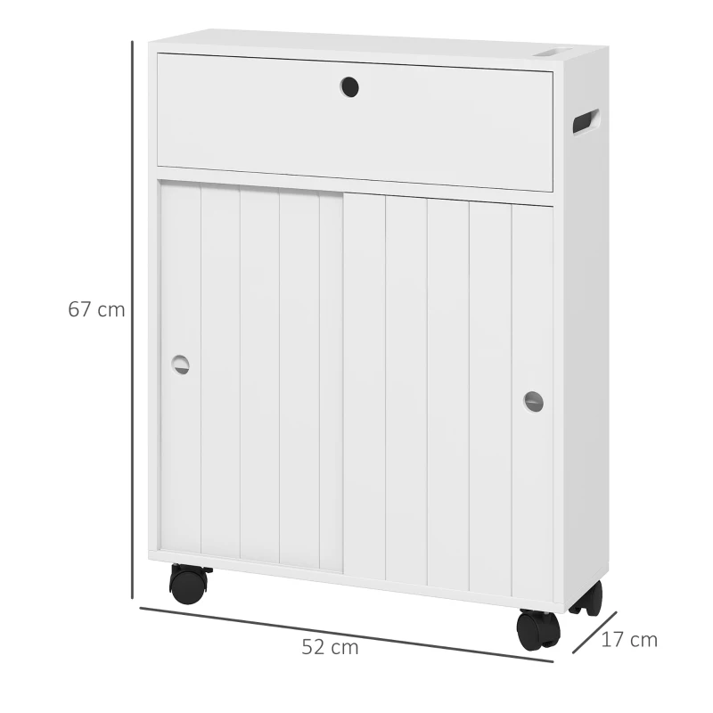 kleankin Meuble de rangement toilette salle de bain avec rangement papier toilette sur roulettes - 52 x 17 x 67 cm blanc(m-3)