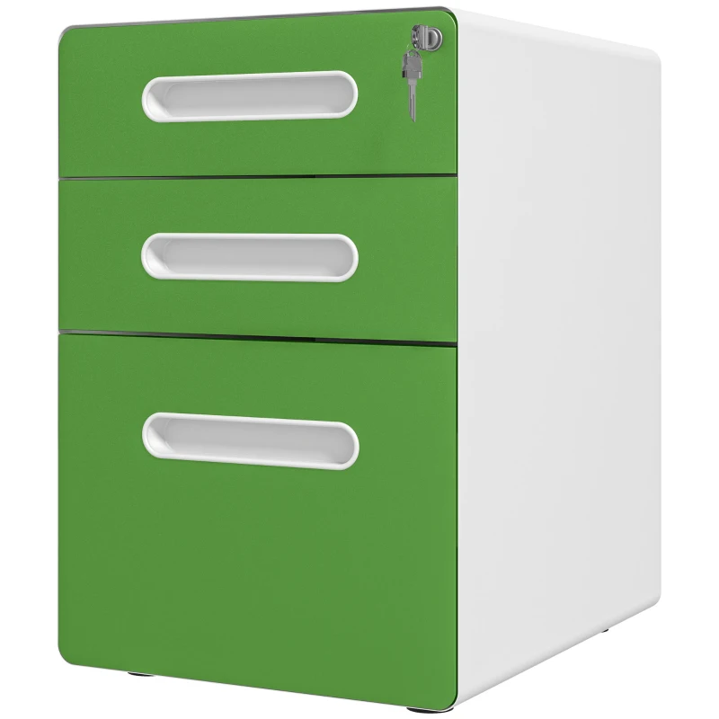 Vinsetto 3 Drawer Filing Cabinet, Steel Lockable File Cabinet with Lock and Wheels, for A4, Letter, Legal Sized Files, Green