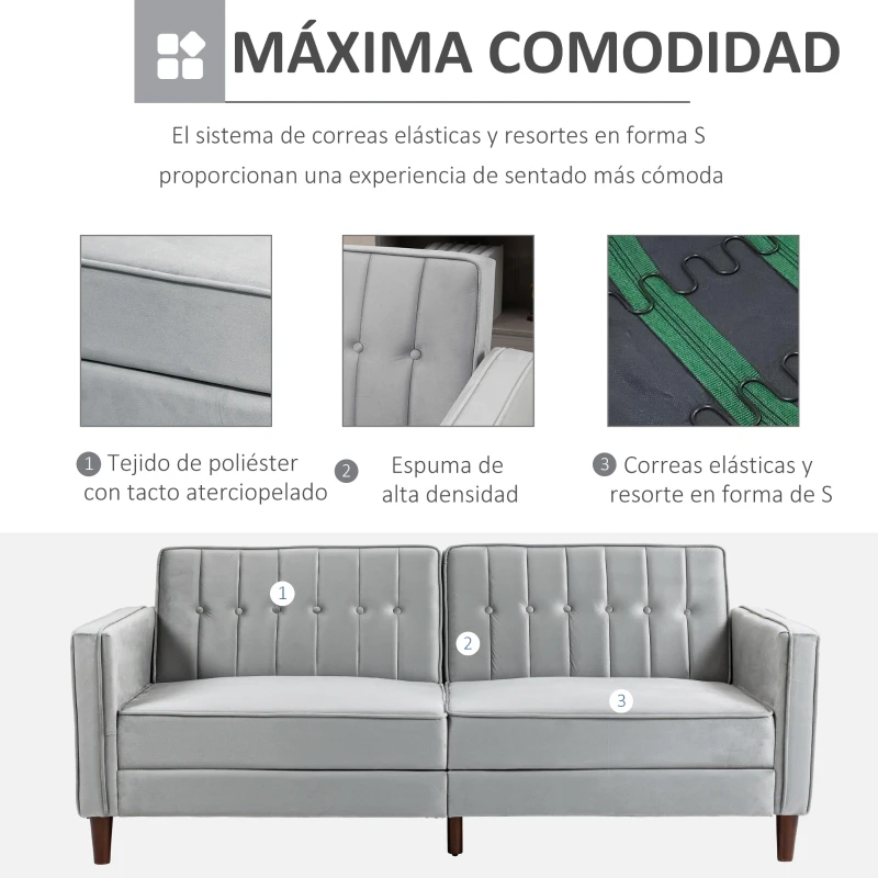 HOMCOM Sofá Cama de 3 Plazas Sofá Cama Convertible de Terciopelo con Respaldo Reclinable y Patas de Madera 189x80,5x78,5cm Gris