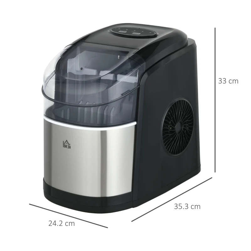 HOMCOM Macchina del Ghiaccio Autopulente da 9 Cubetti in 6-12 Minuti, in PP e Acciaio Inox, 24.2x35.3x33 cm, Nera