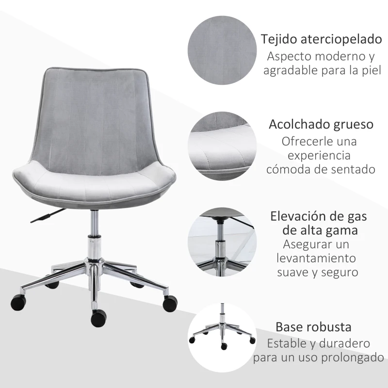 HOMCOM Silla de Oficina Sin Reposabrazos Silla de Escritorio Silla Giratoria para Niños con Altura Ajustable Respaldo de Poliéster Suave y Ruedas Carga 120 kg 52,5x60x82-91 cm Gris