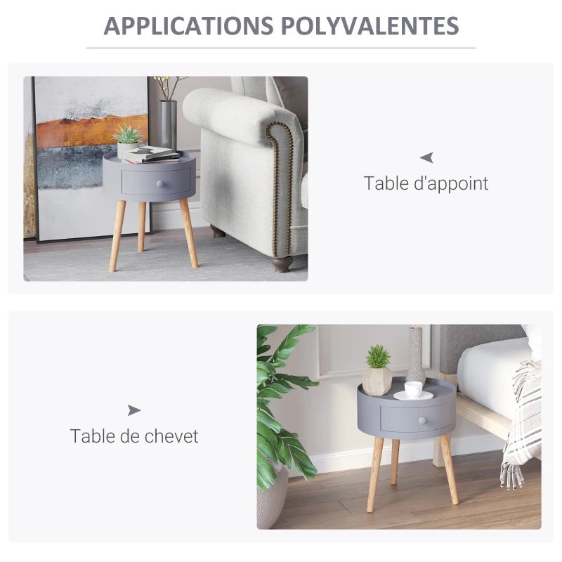 HOMCOM Table basse - table de chevet - table de nuit ronde - design scandinave table d'appoint bout de canapé avec tiroir pieds effilés inclinés bois massif chêne clair gris