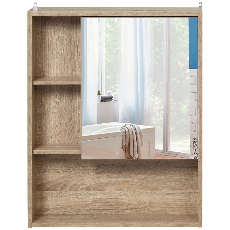 kleankin Armario con Espejo Armario de Baño Montado en Pared con Estante Ajustable en Altura Espacio Interno Estantes Abiertos 60x15x76 cm Grano de Roble