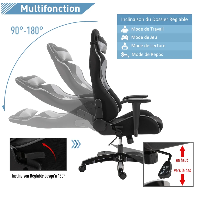 HOMCOM Fauteuil gaming style baquet racing pivotant inclinable avec coussins revêtement synthétique polyester gris noir