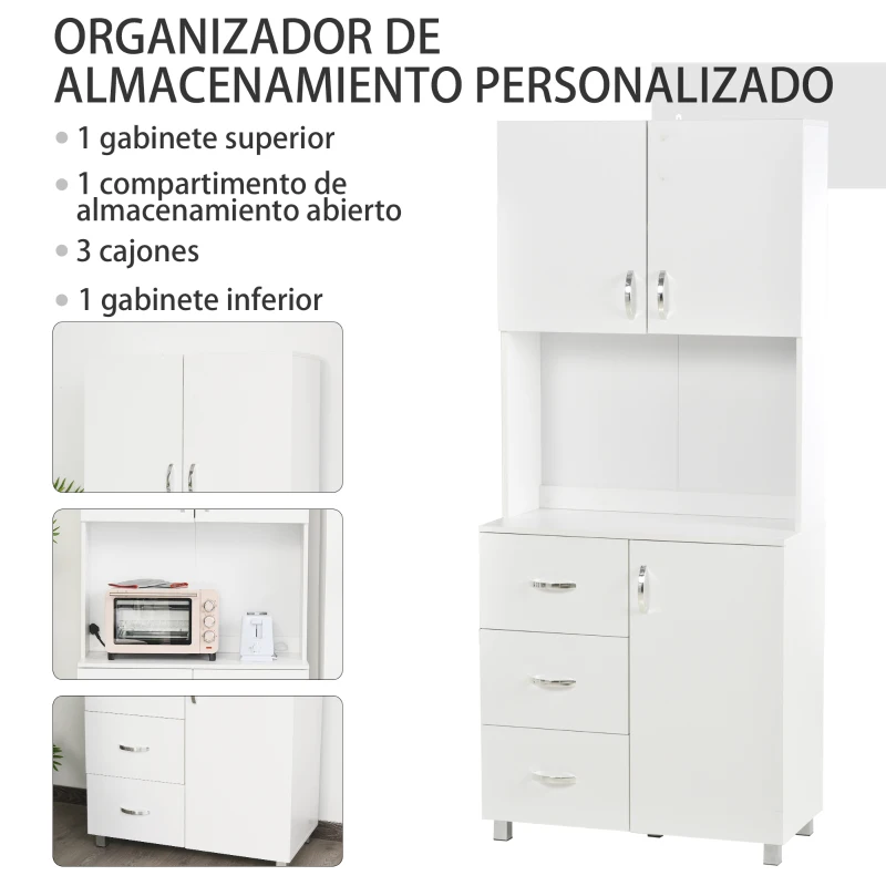 HOMCOM Armario de Cocina Moderno Aparador de Comedor con 3 Cajones 3 Puertas y Estantes Ajustables 80x39,5x183,5 cm Blanco