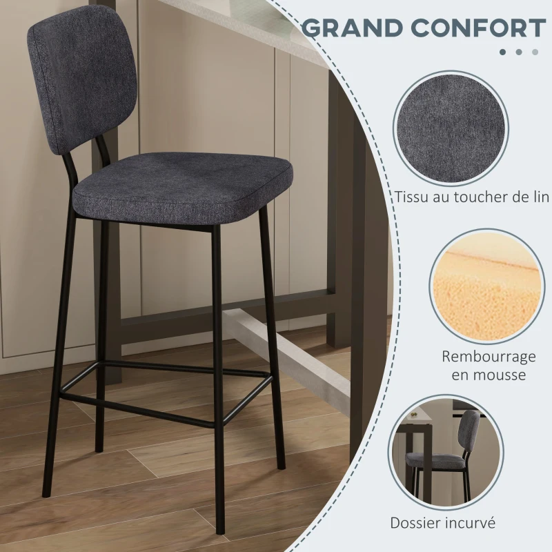 HOMCOM Lot de 2 tabourets de bar chaises hautes chaises de cuisine avec repose-pieds et dossier en tissu de lin et acier
