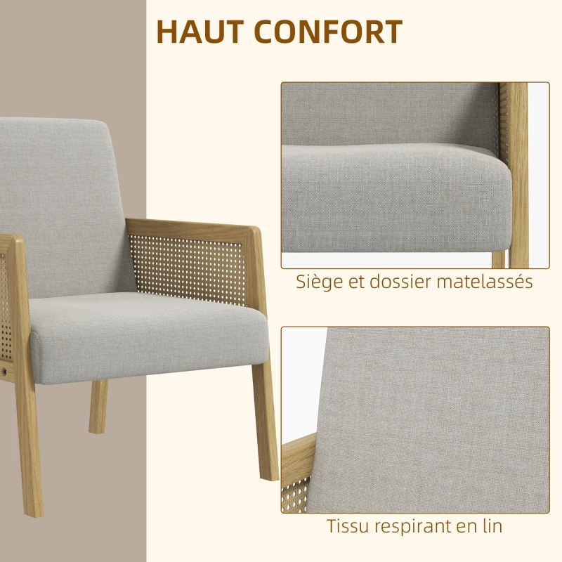 HOMCOM Fauteuil lounge chaise en rotin avec coussin - assise profonde accoudoirs en cannage - structure bois - aspect lin fris