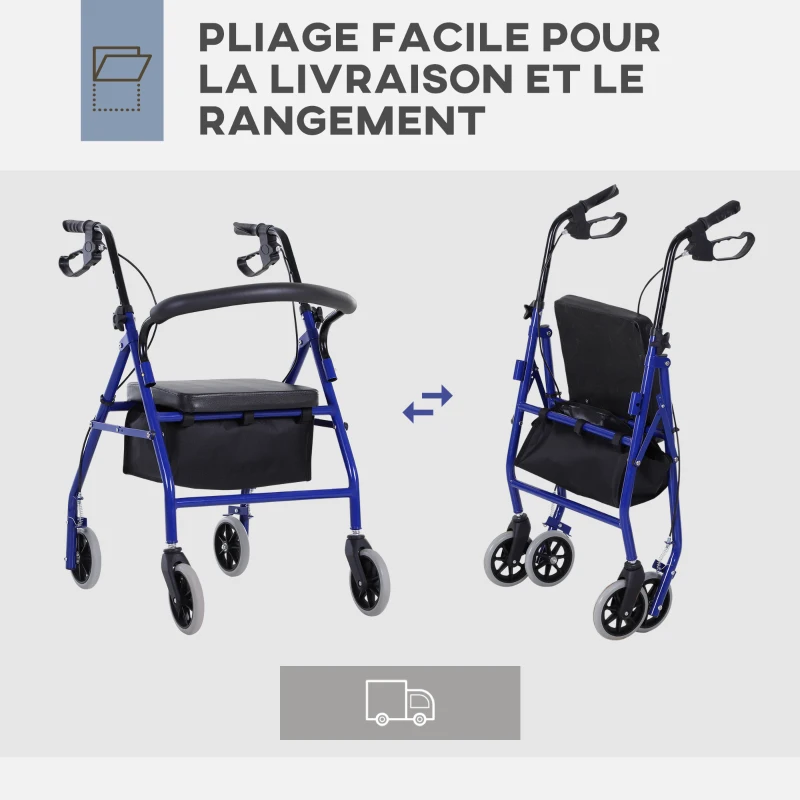 HOMCOM Déambulateur 4 roues - déambulateur pliable léger - assise + dossier rembourré - poignées ergonomiques, freins à main - panier rangement - métal bleu