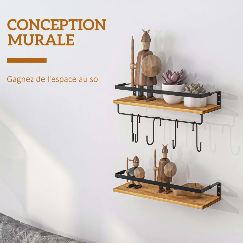 HOMCOM Lot de 2 étagères murales avec 6 crochets amovibles et tringle, style industriel pour cuisine, salle de bain, bois acier
