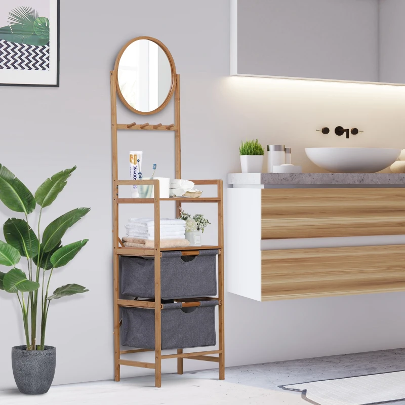 HOMCOM Meuble colonne rangement salle de bain bambou design naturel 41L x 33l x 166H cm 2 étagères, 2 paniers, 4 patères + miroir