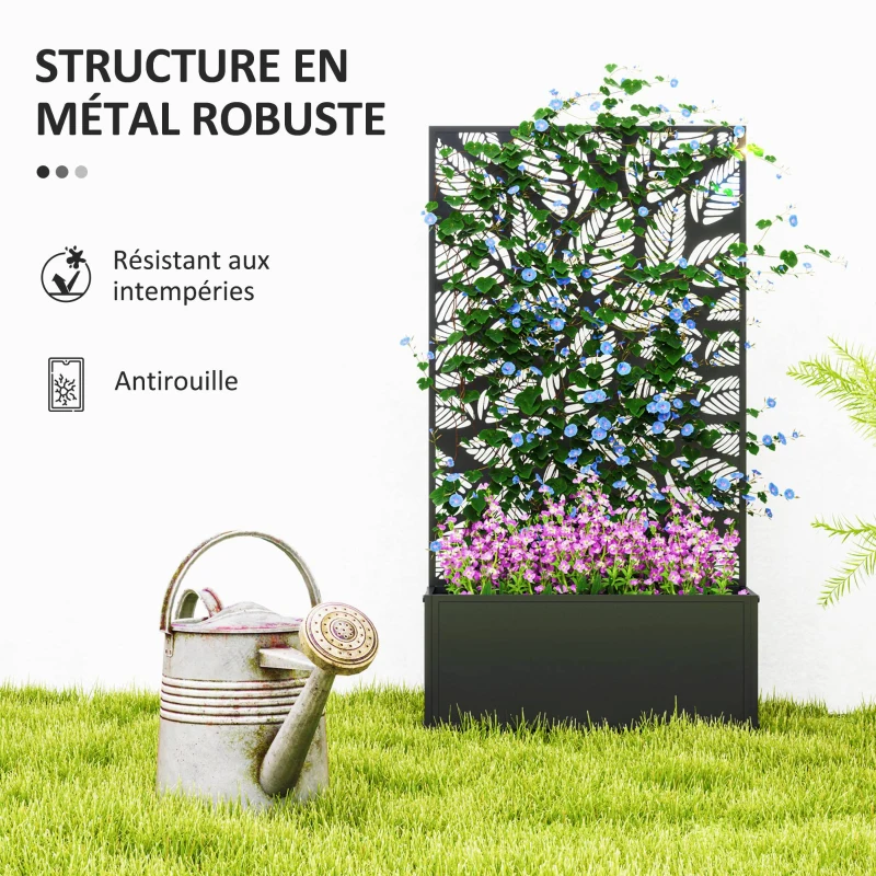 Outsunny Jardinière avec treillis bac à fleurs rectangulaire grande taille panneau d'intimité métal 61 x 23 x 113 cm noir