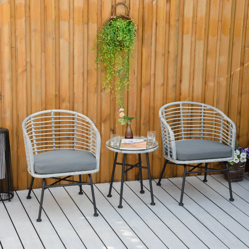 Outsunny Set Mobili da Giardino in Rattan Sintetico Stile Boho Chic con 1 Tavolino e 2 Sedie, Grigio