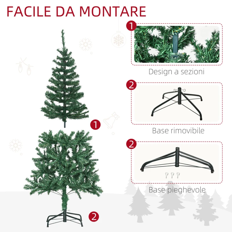 HOMCOM Albero di Natale 150cm con 420 Rami in PVC Ignifughi, Albero di Natale con Decorazioni e Rami Folti, Verde