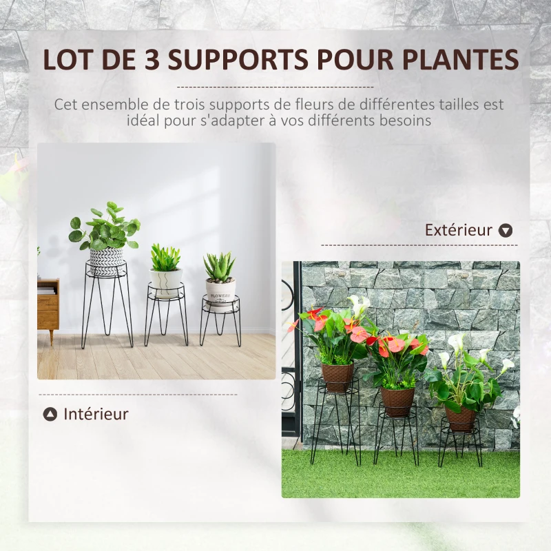 Outsunny Lot de 3 Supports pour Plantes pour pots de fleurs jusqu'à Ø16 cm Modernes avec Pieds en épingle à Cheveux en métal pour intérieur extérieur - Noir