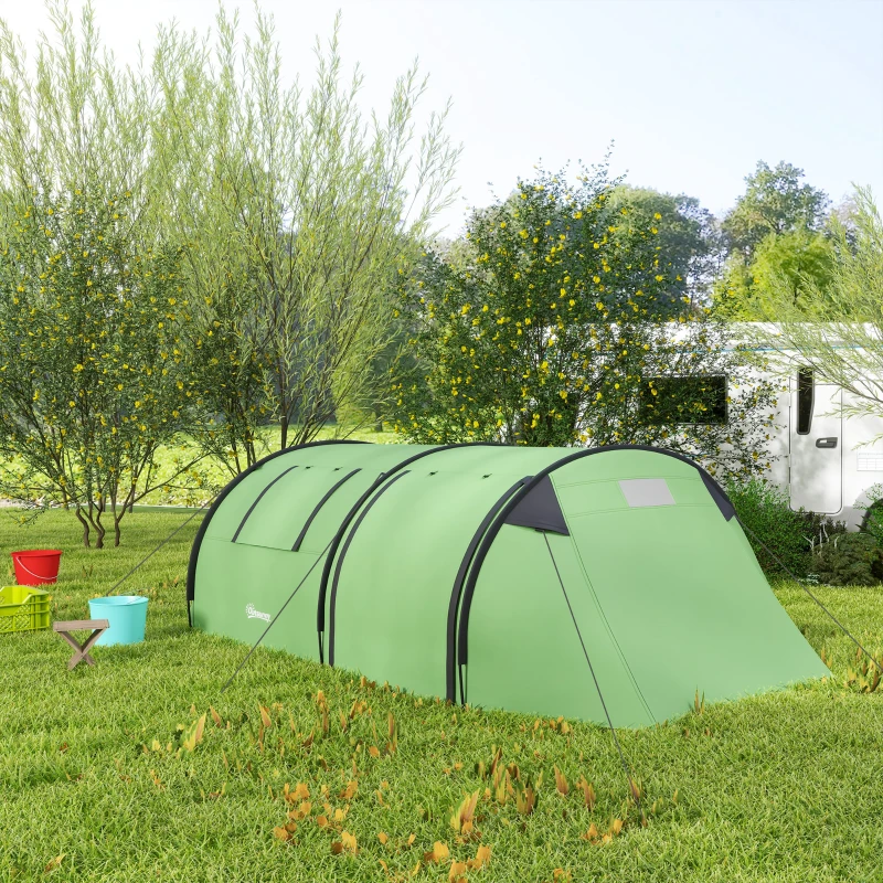 Outsunny Four Man Duo Room Tunnel Tent, with Accessories - Green