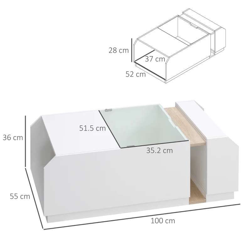HOMCOM Tavolino da Salotto Moderno con Ripiani e Scomparti Nascosti in Legno e Vetro, 100x55x36cm