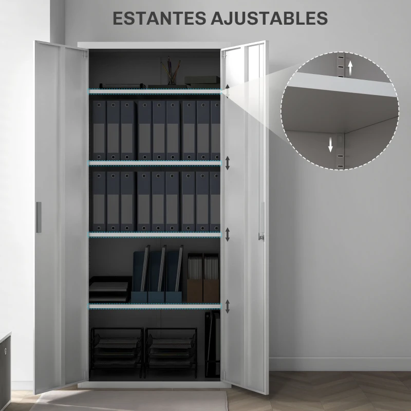 HOMCOM Archivador con Llave Estantes Ajustable Armario Archivador Metálico para Oficina Estudio Salón 80x40x180 cm Blanco