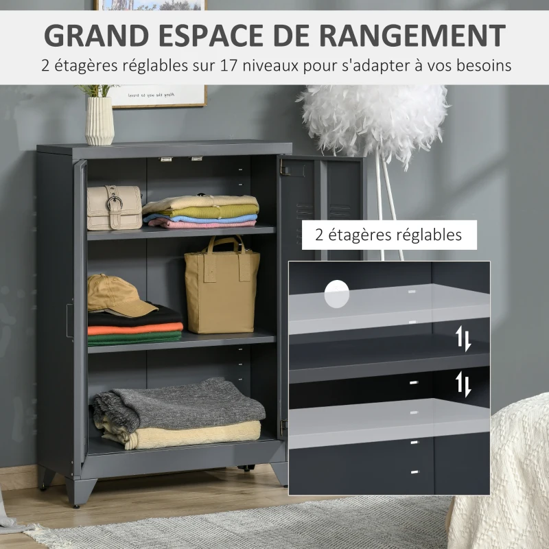 HOMCOM Armoire de bureau à 3 niveaux, meuble de rangement bureau métallique avec 2 portes et étagères réglables, armoire à dossiers pour le bureau à domicile, le garage, gris
