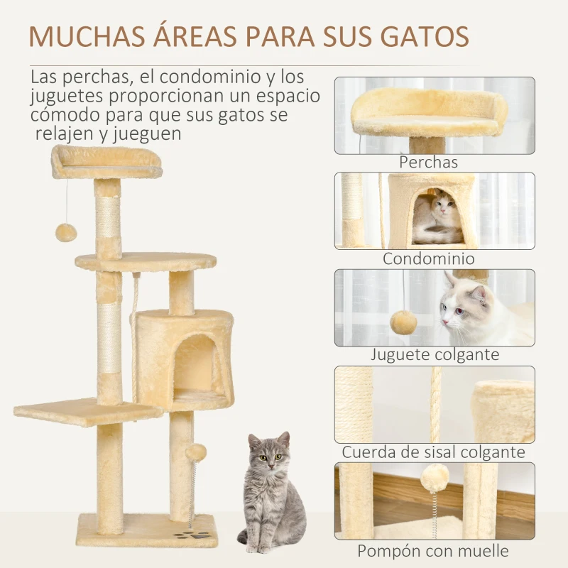 PawHut Árbol para gatos Rascador Grande con Plataformas Casetas Bolas de Juego 114cm Cubierto de Felpa Beige