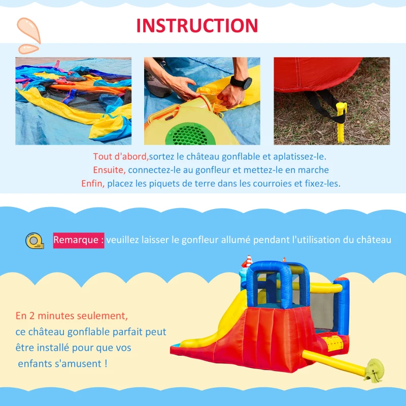Outsunny Château Gonflable avec Toboggan Trampoline Piscine et Mur d'escalade jusqu'à 3 enfants +3 Ans avec souffleur 450W et Sac de Transport 265 x 260 x 200 cm Multicolore