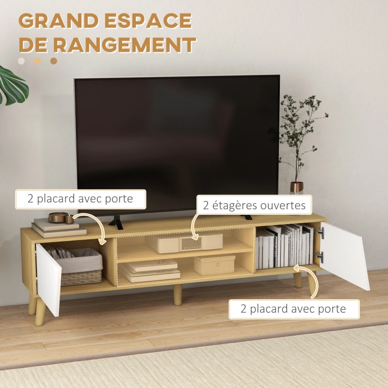 HOMCOM Meuble TV pour télévision jusqu'à 65 pouces design scandinave 2 portes 2 niches avec passe-câbles 150 x 30 x 42 cm